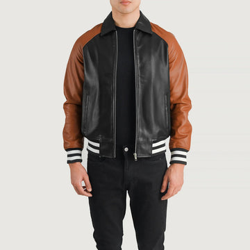 Men’s Varsity Leather Jacket – Real Sheepskin Semi-Aniline Bomber with Rib Knit Cuffs