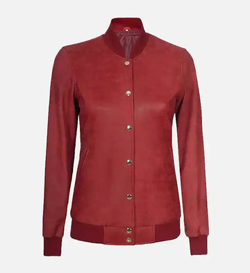 Women’s Sheepskin Rib Knit Style Leather Red Bomber Jacket
