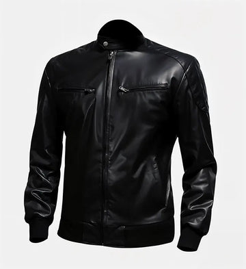 Men’s Sheepskin Leather Bomber Jacket – Black with Padded Shoulders