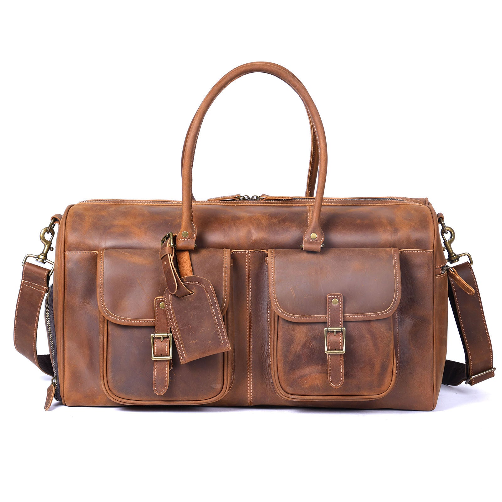 Genuine Crazy Horse Leather Duffle Bag with Shoe Compartment | Vintage Weekender Travel Bag