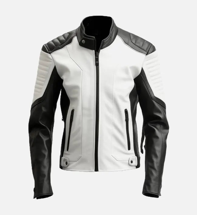 Men’s Sheepskin Leather Jacket – Black & White Contrast Color Blocking