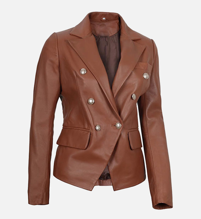 Women’s Brown Double-Breasted Sheepskin Leather Blazer Jacket with Wide Lapel Collar