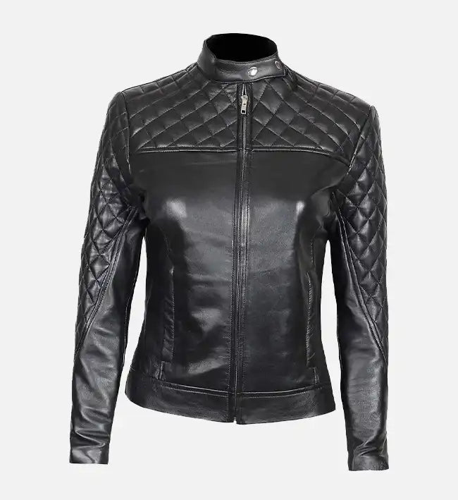 Women’s Black Sheepskin Café Racer Leather Jacket – Slim Fit Quilted Design