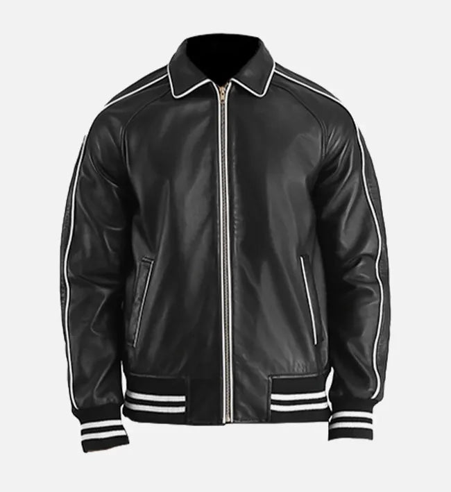 Men’s Sheepskin Leather Bomber Jacket – Shirt Collar with Ribbed Finish