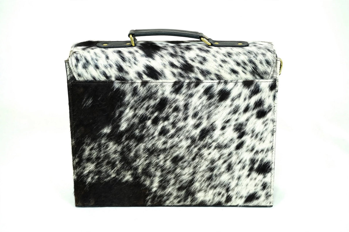 cowhide messenger bag back view showing hair-on hide pattern