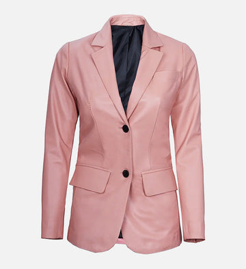 Women’s Pink Sheepskin Leather Blazer Jacket with Contrast Black Buttons
