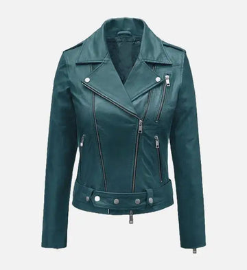 Women’s Prussian Blue Sheepskin Leather Biker Jacket with Asymmetrical Zipper