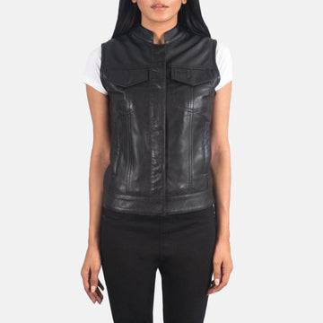 Women’s Black & Brown Sheepskin Leather Vest with Quilted Lining