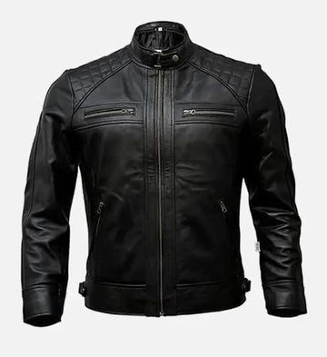 Genuine Sheepskin Timber Style Padded Shoulder Black Leather Jacket