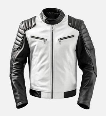 Men’s Black & White Color Block Sheepskin Leather Biker Jacket
