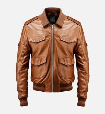 Men’s Sheepskin Brown Strap Pockets Bomber Leather Jacket