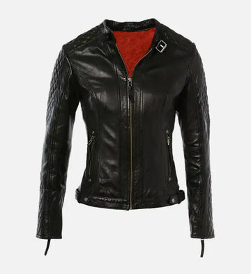 Women’s Sheepskin Short Quilted Shoulder Biker Leather Jacket