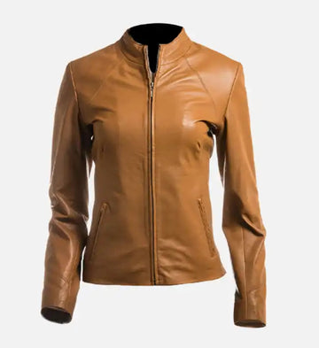 Women’s Sheepskin Tan Brown Plain Short Zipped Leather Jacket