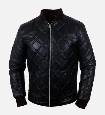 Men’s Sheepskin Leather Bomber Jacket – Black with Diamond Quilted Pattern