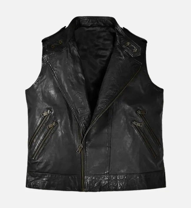 Men’s Black Sheepskin Leather Vest with Asymmetrical Zipper & Snap-Tab Waist