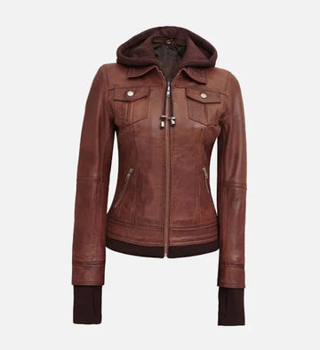 Women’s Dark Brown Sheepskin Leather Jacket with Removable Hood