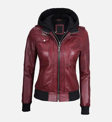 Women’s Sheepskin Leather Bomber Jacket – Maroon with Detachable Hood