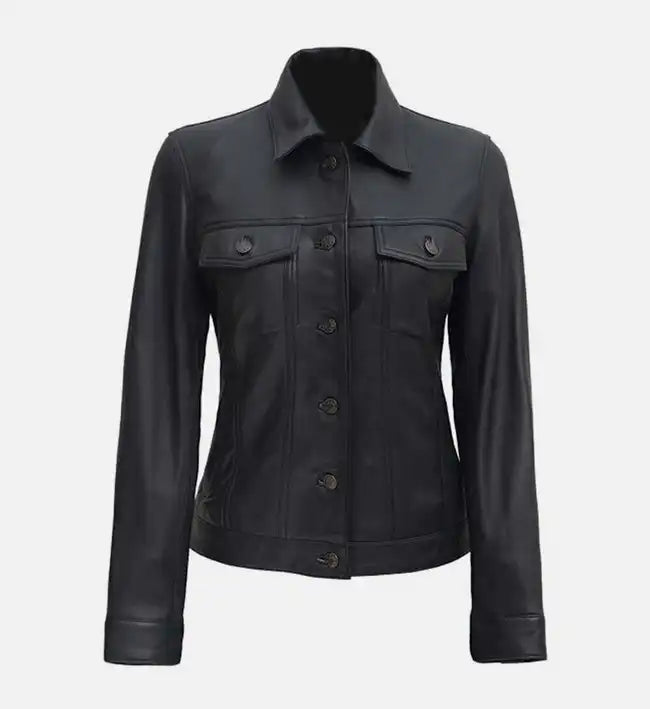 Women’s Sheepskin Leather Trucker Jacket – Brown with Shirt-Style Collar