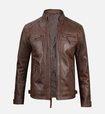 Men’s Sheepskin Quilted Shoulder Brown Café Racer Leather Jacket