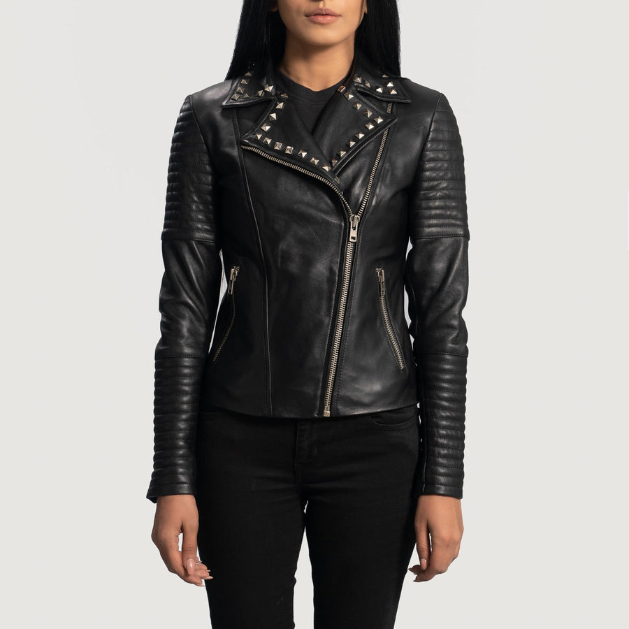Genuine Sheepskin Studded Leather Biker Jacket For Women