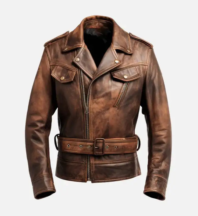 Men’s Sheepskin Leather Rider Jacket – Brown with Stud Buttons & Distressed Finish