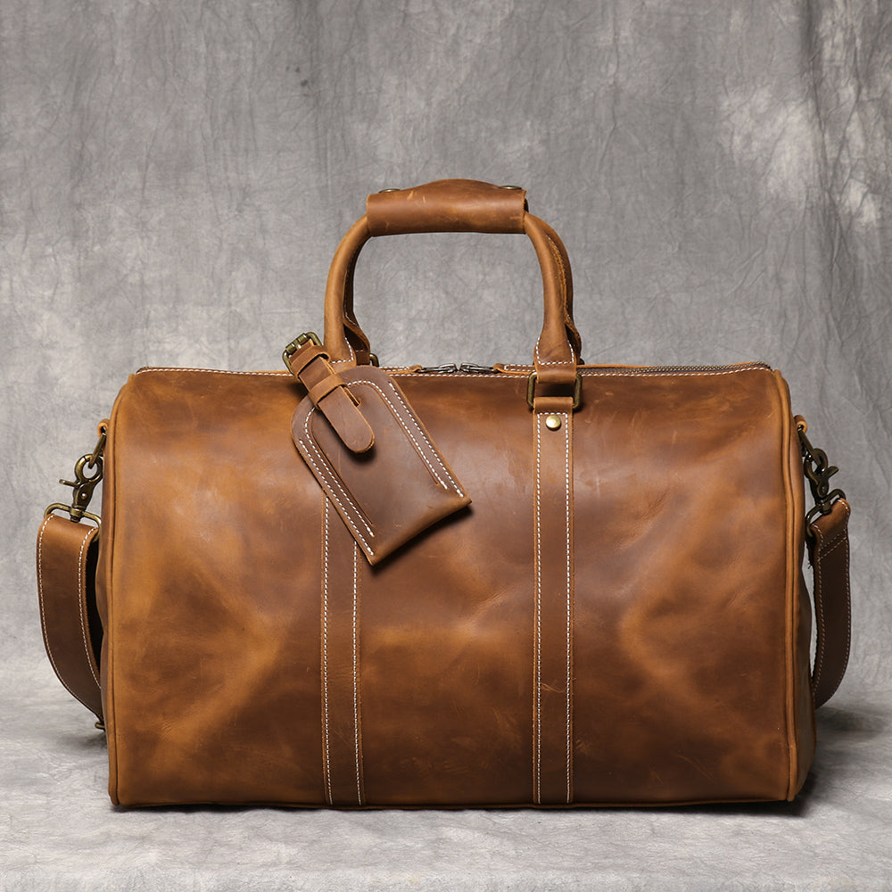 Genuine Crazy Horse Leather Duffle Bag | Vintage Weekender Travel Bag for Men & Women