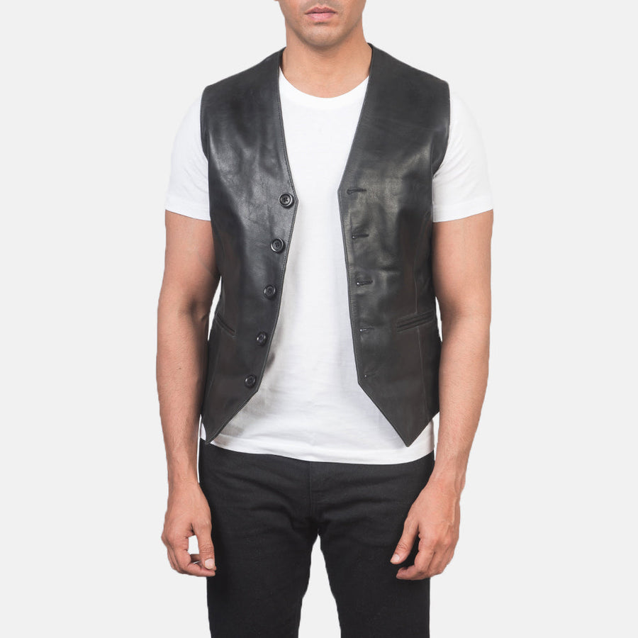 Men’s Pull-Up Cowhide Leather Vest – 5 Button Closure