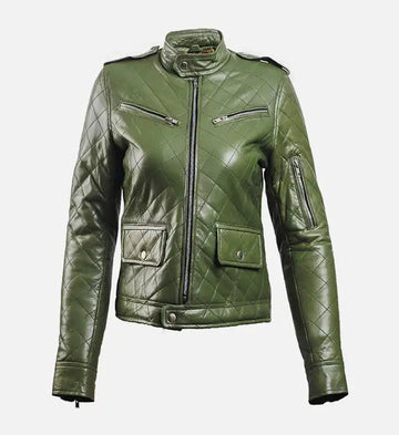 Women’s Green Sheepskin Leather Puffer Jacket – Quilted Classic Style