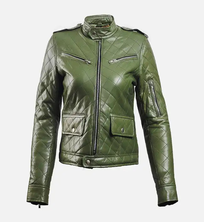 Women’s Green Sheepskin Leather Puffer Jacket – Quilted Classic Style