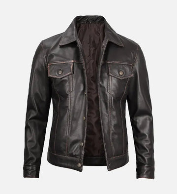 Men’s Sheepskin Leather Biker Jacket – Dark Brown with Shirt-Style Collar