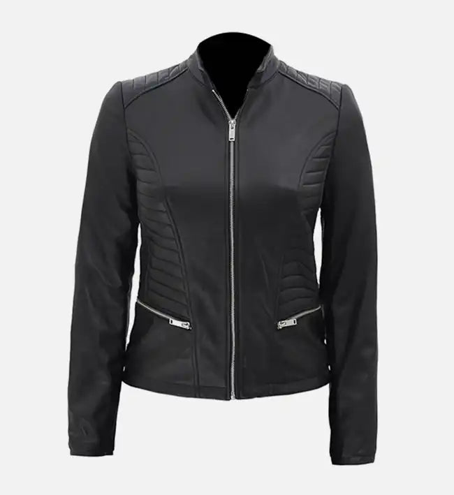 Men’s Sheepskin Leather Jacket – Black with Quilted Shoulders and Strap Waist