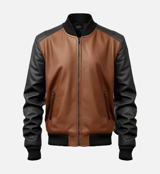 Men’s Sheepskin Leather Bomber Jacket – Black & Brown Contrast Design