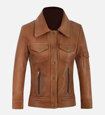 Women’s Sheepskin Leather Trucker Jacket – Tan Brown with Classic Silhouette