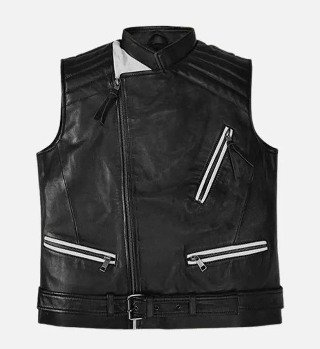 Men’s Black Sheepskin Leather Vest with Asymmetrical Zipper & Quilted Panels