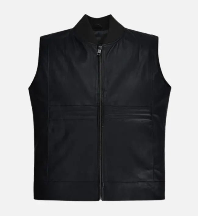 Men’s Black Sheepskin Leather Vest with Ribbed Collar