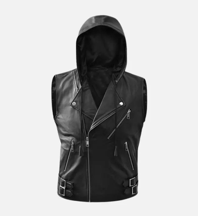Men’s Black Sheepskin Leather Hooded Vest with Belted Waist