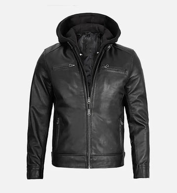 Men’s Sheepskin Leather Bomber Jacket – Black with Detachable Hood