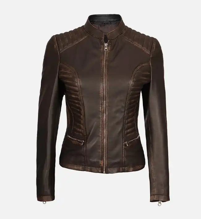 Women’s Sheepskin Dark Brown Rub-off Café Racer Leather Jacket