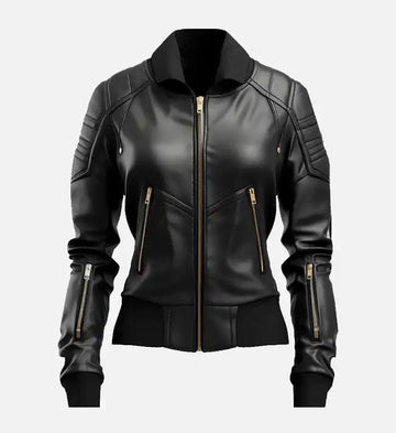Women’s Sheepskin Black Leather Bomber Jacket – with Quilted Padded Shoulders