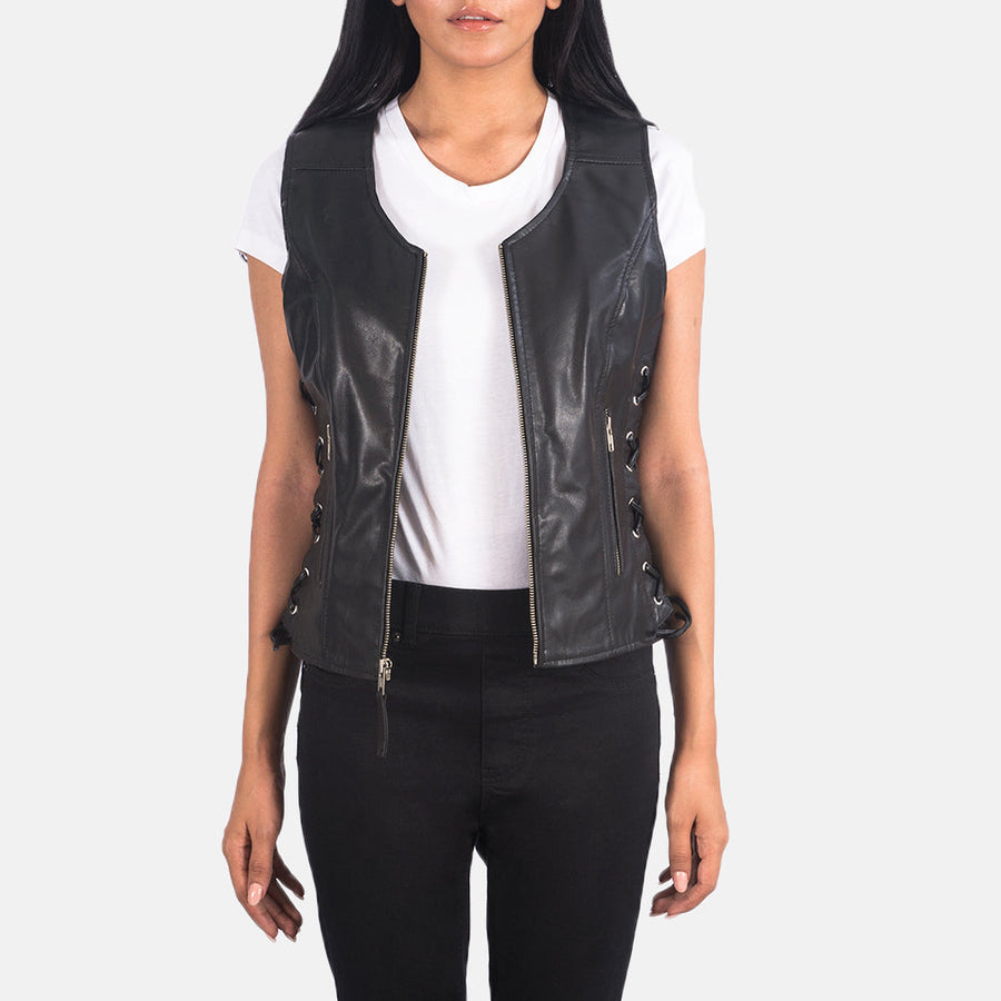Women’s Black & Brown Sheepskin Leather Vest with V-Neck & Waist Laces