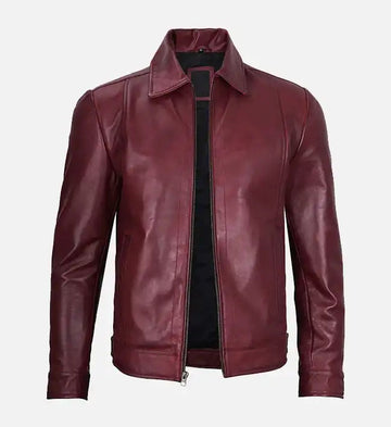 Men’s Sheepskin Classic Shirt Collar Maroon Leather Jacket