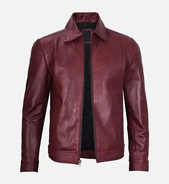Men’s Sheepskin Classic Shirt Collar Maroon Leather Jacket