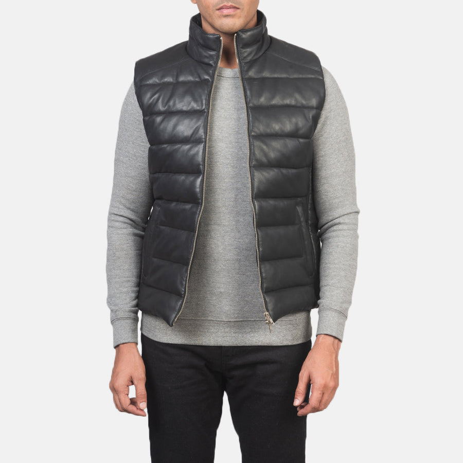 Men’s Aniline Sheepskin Leather Puffer Vest – Dual Zipper Closure