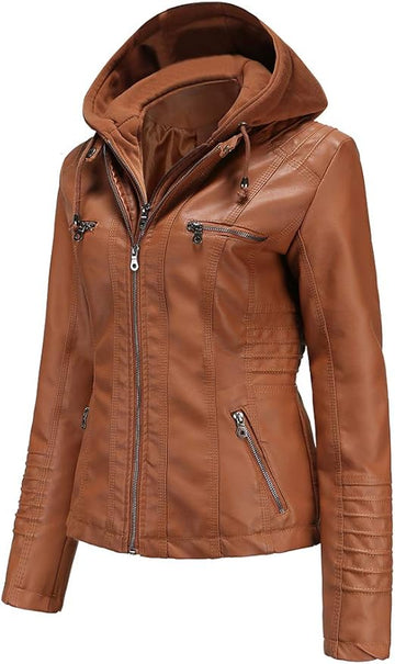 Detachable Hood Women's Real Leather Jacket - Classic Biker Style, Moto Chic Design