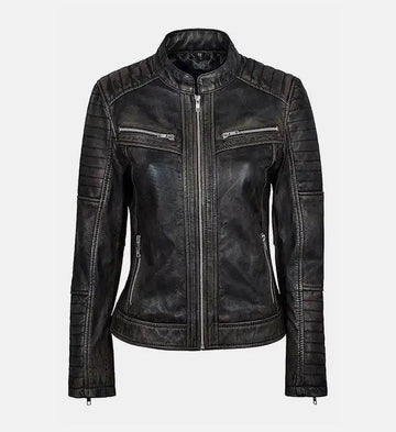 Women’s Sheepskin Vintage Biker Black Leather Jacket – Dusty Shaded with Padded Detailing