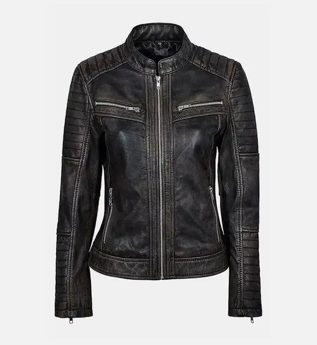 Women’s Sheepskin Vintage Biker Black Leather Jacket – Dusty Shaded with Padded Detailing