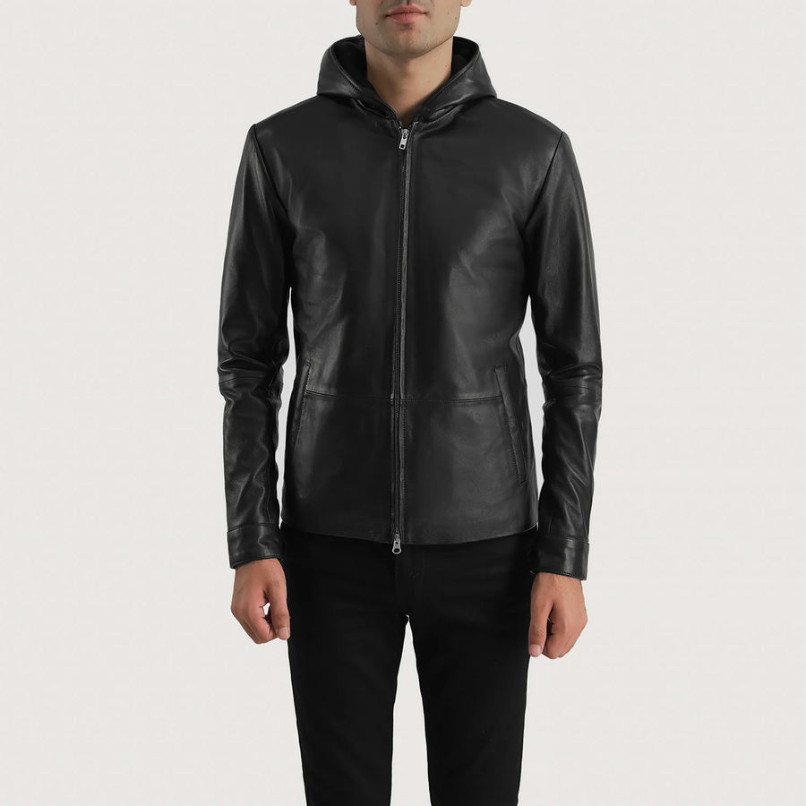 Men’s Sheepskin Genuine Leather Hooded Jacket – Matte Black