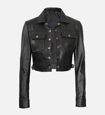 Women’s Black Sheepskin Leather Trucker Jacket – Cropped Style with Golden Buttons
