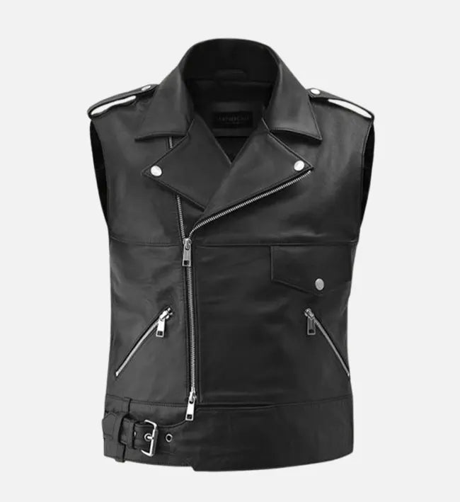 Men’s Black Sheepskin Leather Vest with Asymmetrical Zipper & Silver Hardware