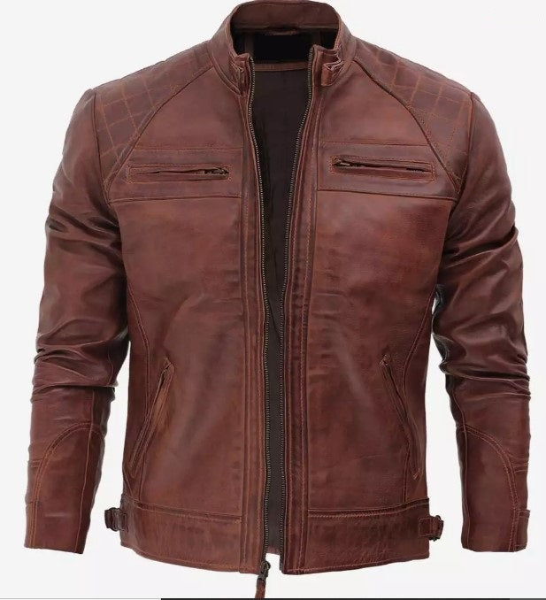 Men's Cafe Racer Leather Jacket - Retro Style Asymmetrical Moto Quilted Shoulder Leather Jacket